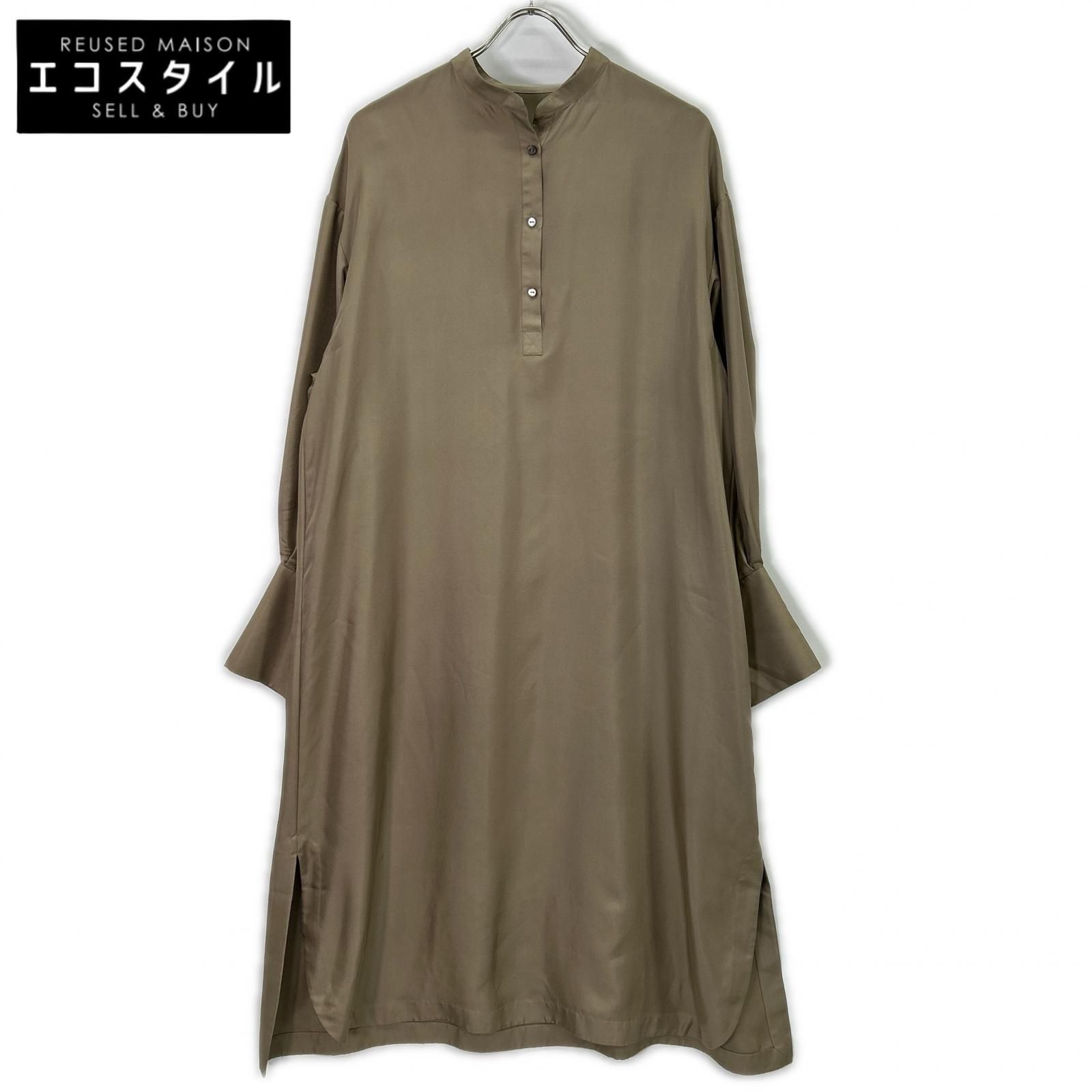 conte　コンテ　8526-699-0004 ベージュ シルク100 バンドカラー ロングワンピース　F