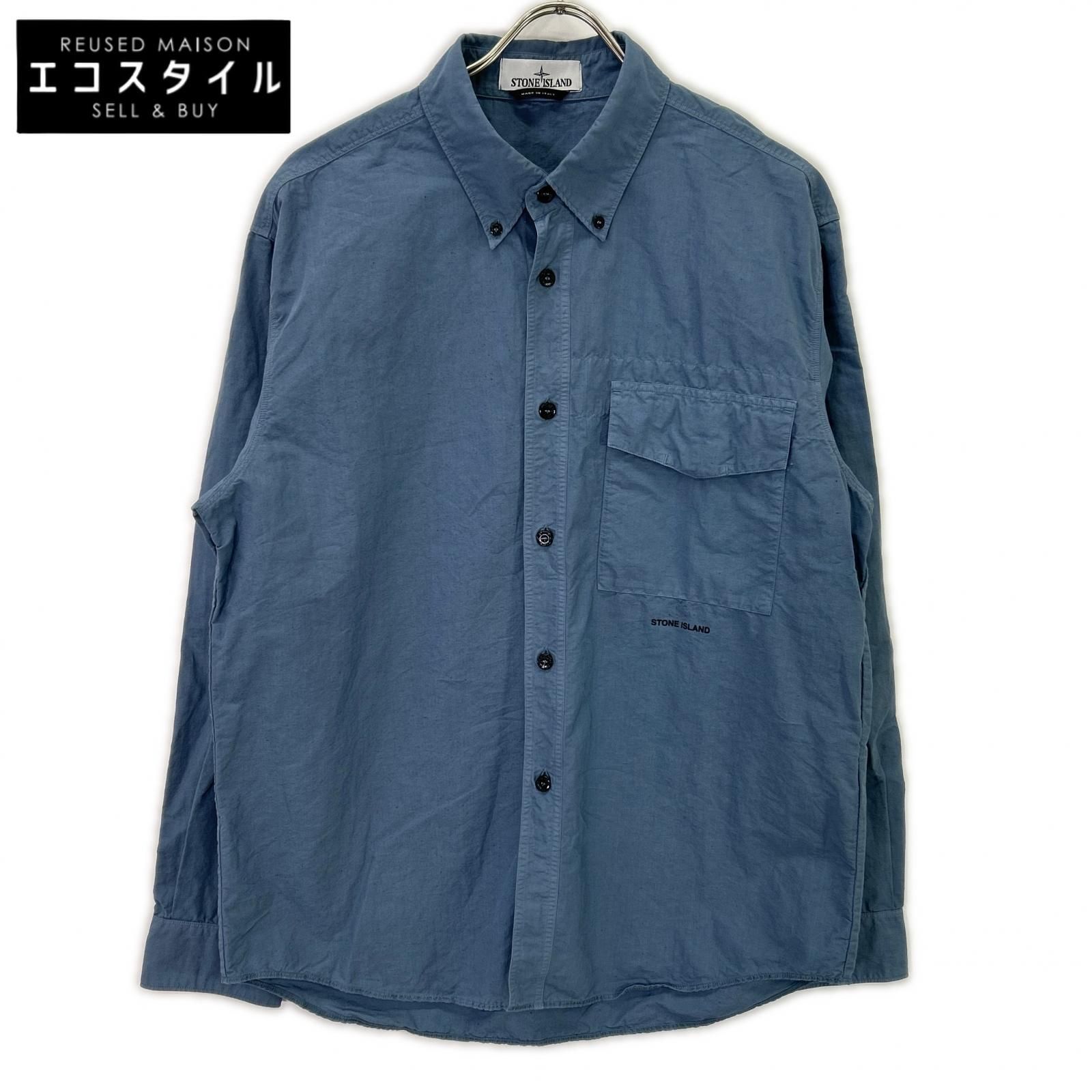 STONE ISLAND　ストーンアイランド　24SS 801511701 ブルー コットン×リネン ロゴ刺繍 ボタンダウンロングスリーブシャツ　L