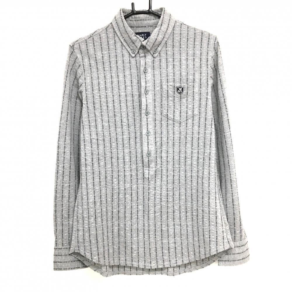 【超美品】パーリーゲイツ 長袖ポロシャツ グレー×ダークネイビー ロゴストライプ ボタンダウン メンズ 4(M) ゴルフウェア PEARLY GATES