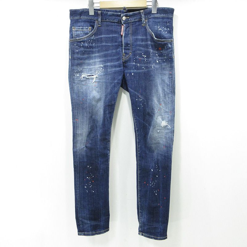 【三重本店】 中古 DSQUARED2 | ディースクエアード SKATER JEAN スケータージーンズ 25AW USED加工ボタンフライデニムパンツ ダメージ・ペイント加工 S74LB1734 ブルー サイズ：50 【108】