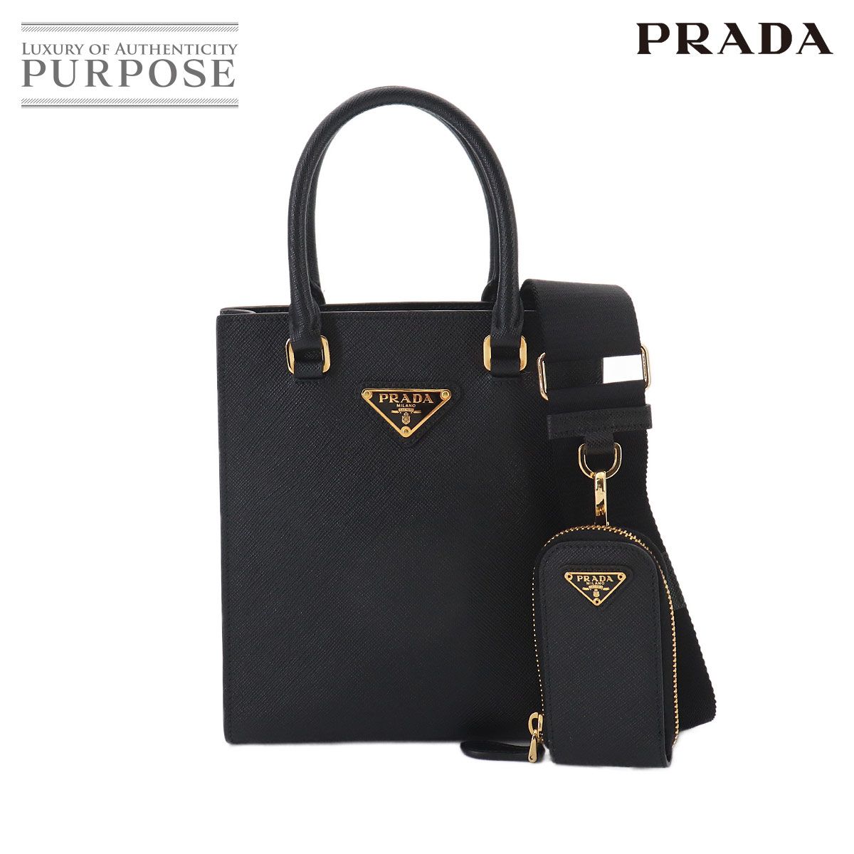 未使用 展示品 プラダ PRADA サフィアーノ 2way ハンド ショルダー バッグ レザー ネロ ブラック ゴールド 金具 90324252
