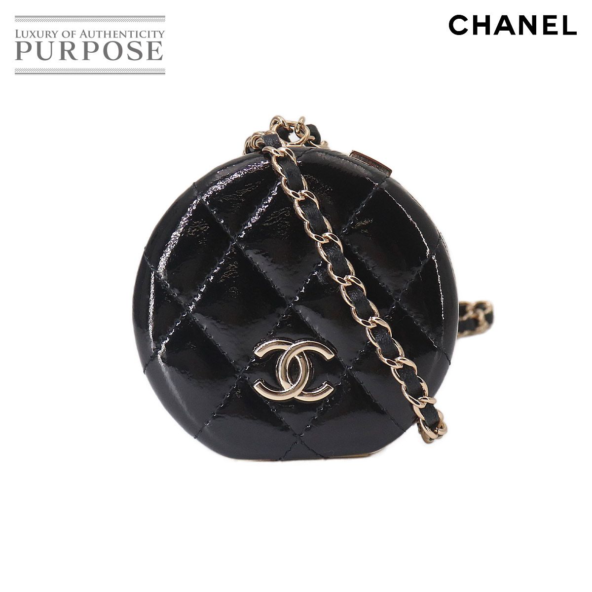 未使用 展示品 シャネル CHANEL マトラッセ チェーン ストラップ付き ミラー パテントレザー ブラック ゴールド 金具 Mirror 90324948