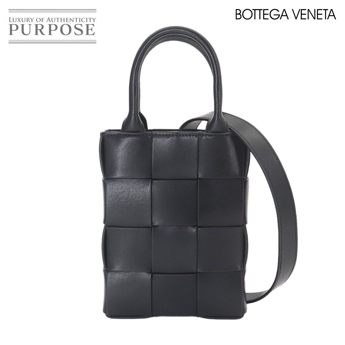 新品同様 ボッテガ ヴェネタ BOTTEGA VENETA イントレチャート カセット 2way ハンド ショルダー バッグ レザー ブラック 90325471