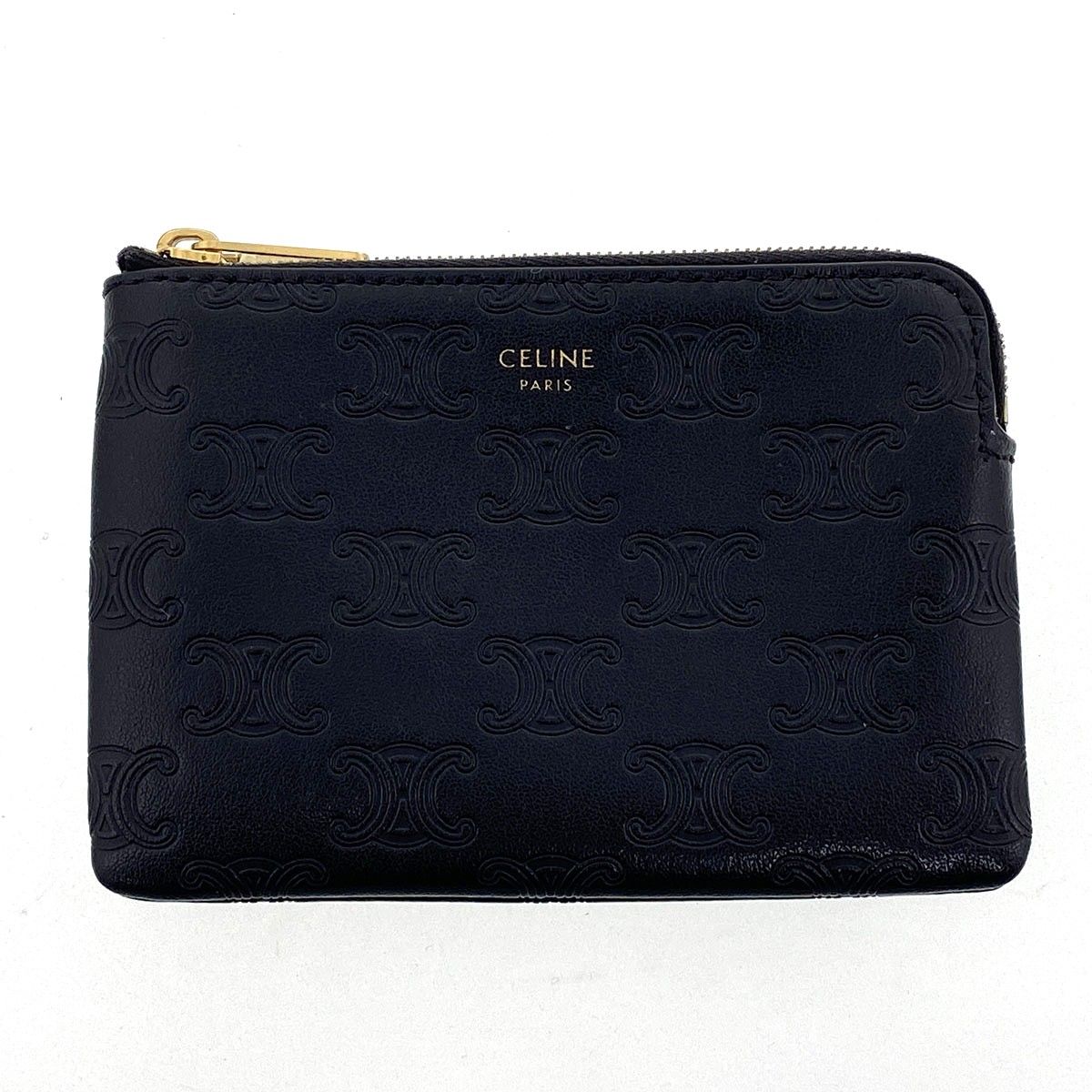CELINE セリーヌ トリオンフ エンボス フック付き コイン＆カードポーチ カードケース 10C663 ユニセックス レザー ブラック 中古
