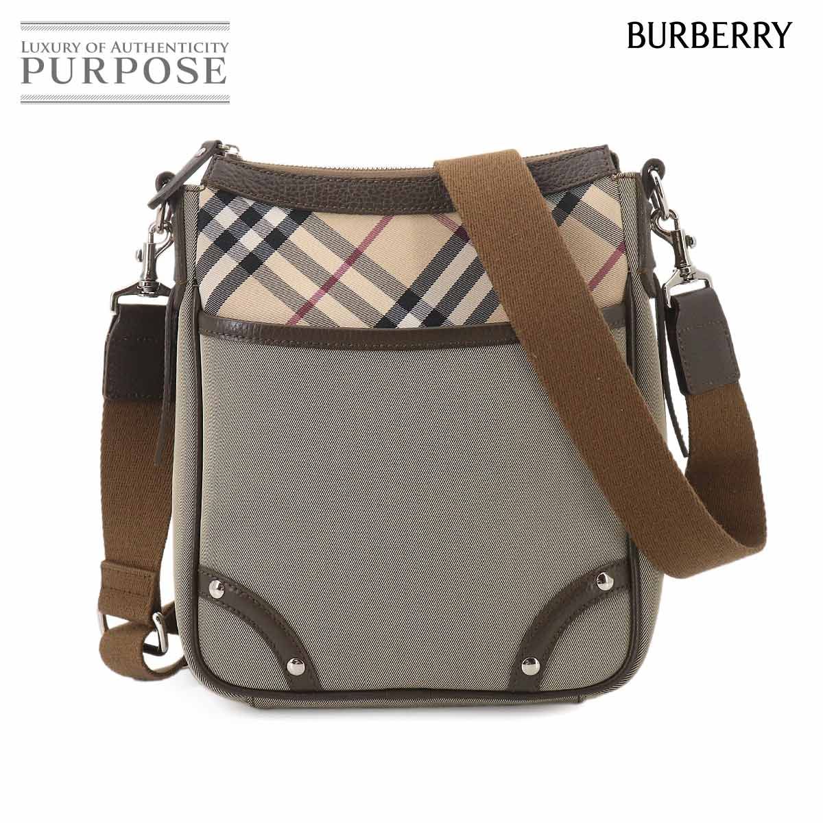 美品 バーバリー BURBERRY ノバチェック ショルダー バッグ キャンバス レザー ベージュ ブラウン シルバー 金具 Shoulder Bag 90325577