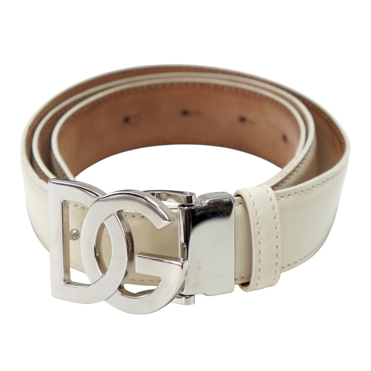 DOLCE＆GABBANA ドルチェ&ガッバーナ DGバックル パテントレザー メンズベルト 34/85 アイボリー T2606-k089