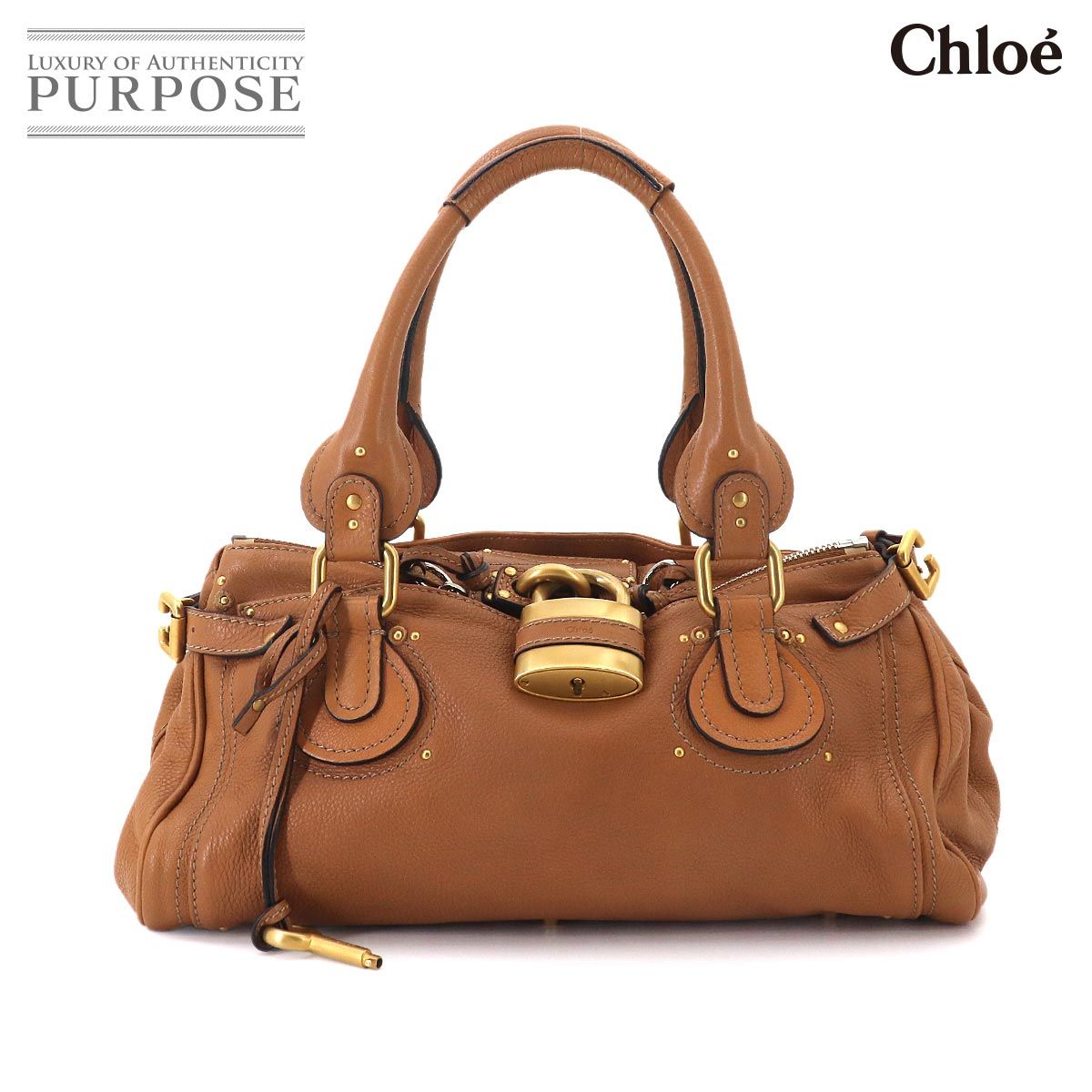 新品同様 クロエ Chloe パディントン ハンド バッグ レザー ブラウン 7ESA02-7E422 ゴールド シルバー 金具 Paddington Bag 90327225