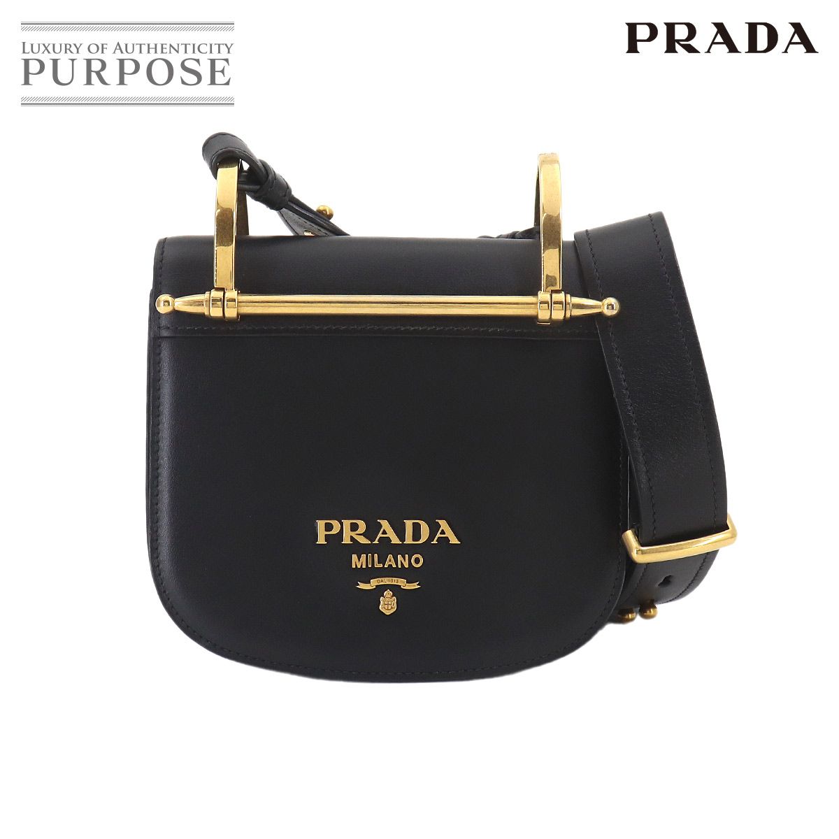 新品同様 プラダ PRADA ショルダー バッグ レザー ブラック 1BH070 ゴールド 金具 ロゴ Shoulder Bag 90327228