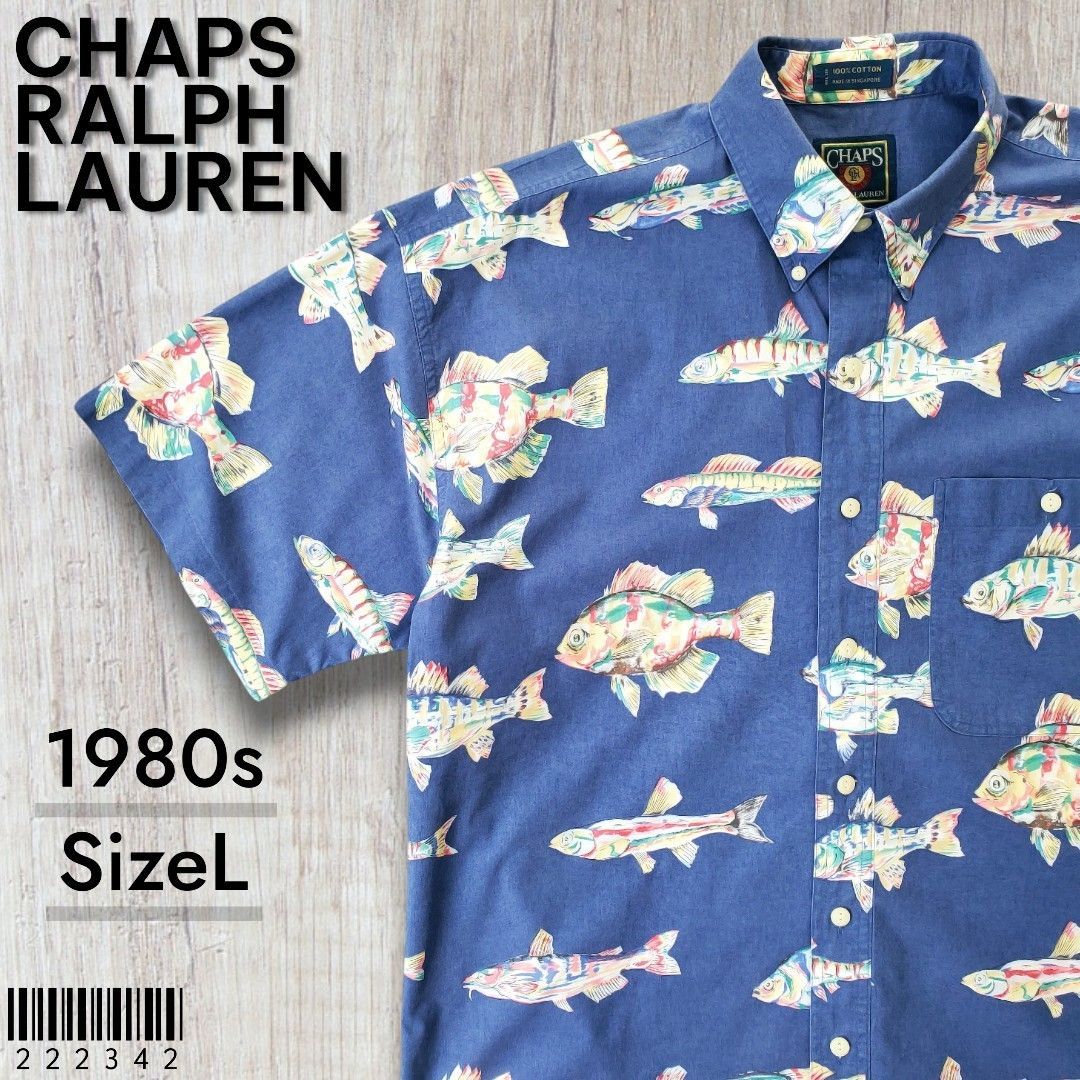 CHAPS RALPH LAUREN チャップス■美品 1980s vintage ウォッシュド加工 魚 総柄 半袖 BD シャツ L 青 猫目ボタン オールドラルフ アロハ オーバーサイズ ビッグシルエット