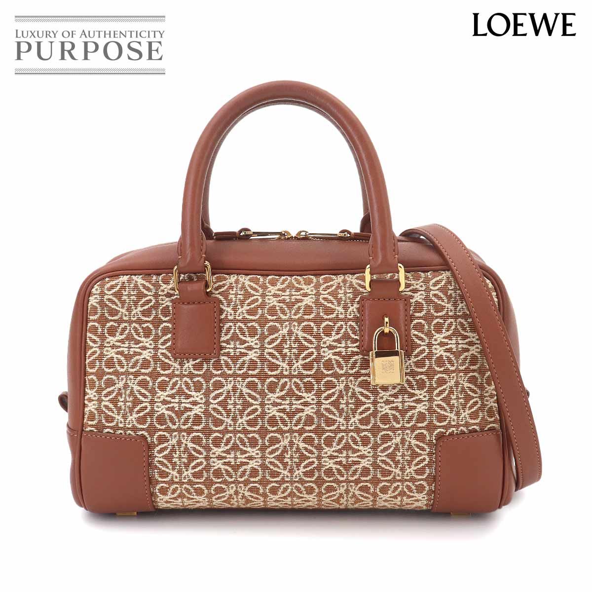 美品 ロエベ LOEWE アマソナ 23 2way ハンド ショルダー バッグ レザー キャンバスジャガード タン ペカン ゴールド 金具 90327348