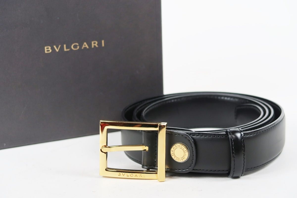 【超美品】BVLGARI ブルガリ スクエアバックル ベルト ブラック系×ゴールド金具 ブランド小物 服飾【TH53】