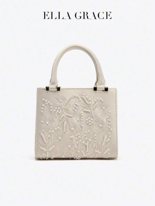 バッグ レディース ハンドルバッグ ベージュミニハンドバッグ、刺繍のディテールと人工真珠のアクセント、トップハンドルと取り外し可能な チェーンショルダーストラップ、マグネットフラップクロージャー、ショッピングや フ