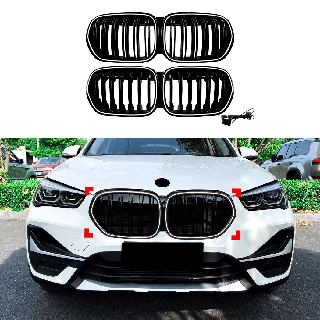 BMW X1 F48 F49 LCI 2020-2022対応 LED発光フロントグリル フロントバンパー部装着 インテークグリル ABS製 シングルライン ブラック ダブルライン ブラック 前まわりを引き締めるスポーティ外装パーツ ドレスアップ用品