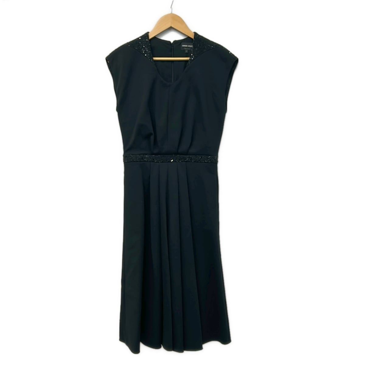 GIORGIOARMANI(ジョルジオアルマーニ) ワンピース サイズ42 M レディース美品 - 黒 ノースリーブ/ロング/ラインストーン