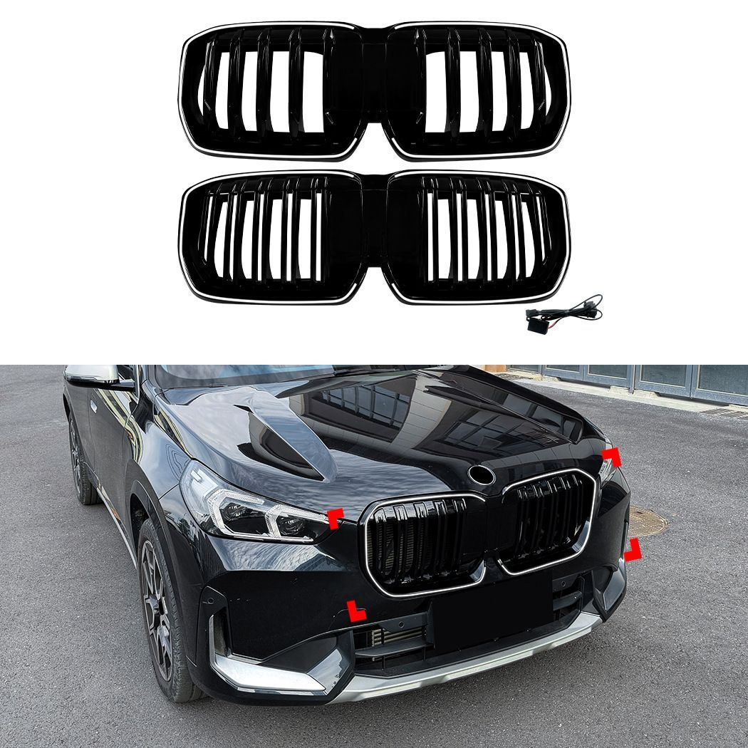 BMW X1 エックスワン iX1 アイエックスワン U11 2023年以降対応 LED発光フロントグリル フロントバンパー部装着 ABS製 シングルライン ブラック ダブルライン ブラックフロントフェイスに存在感を加えるスポーティ外装パーツ ドレスアップ用品