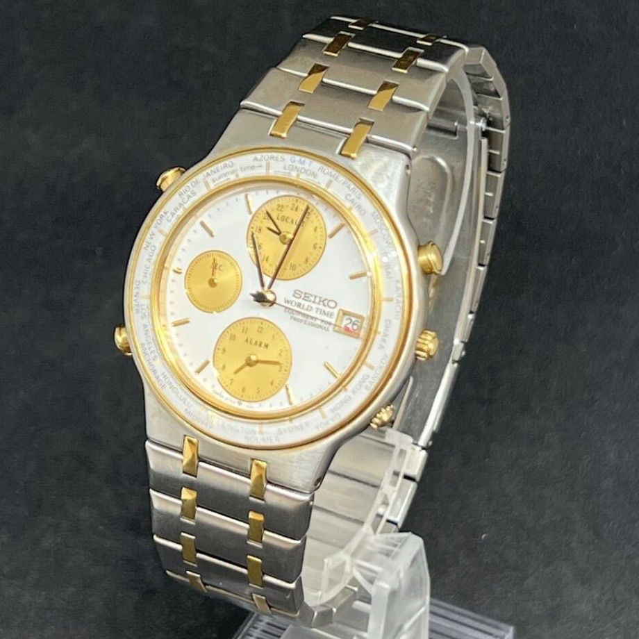 T3720 【 動作未確認品 】SEIKO セイコー WORLD TIME ワールドタイム デイト 5T52-7A00 ホワイト文字盤 ゴールド シルバー コンビカラー クォーツ 腕時計
