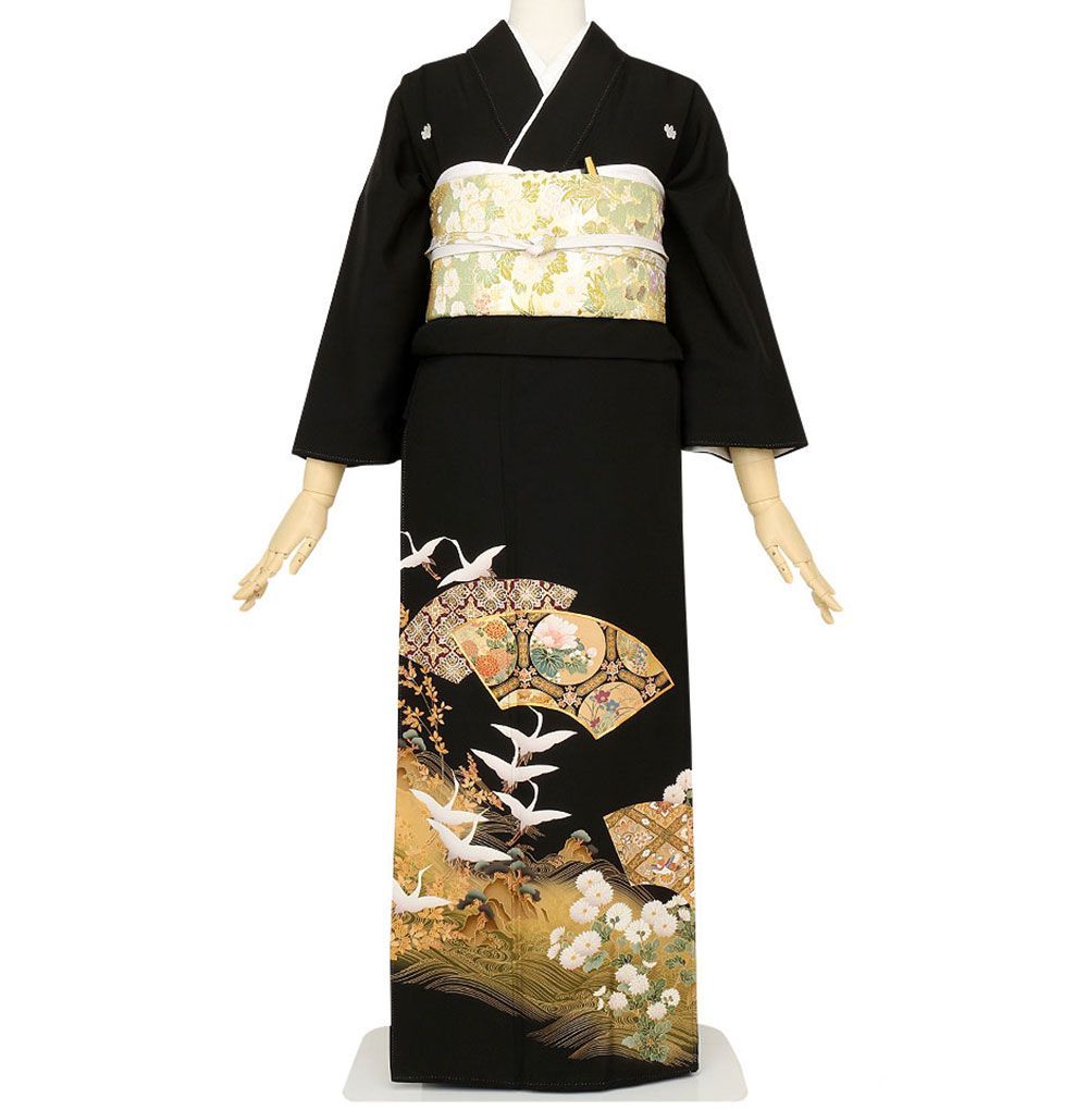 礼装用　黒留袖　地紙に飛翔鶴　着物単品　【結婚式、披露宴などの祝い事に】旧レンタル商品