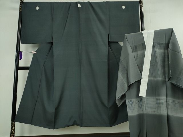 平和屋着物●極上　男性　色紋付・長襦袢(無双仕立て)セット　お召地　キングサイズ　藍鉄色　逸品　DZAB6527kh6
