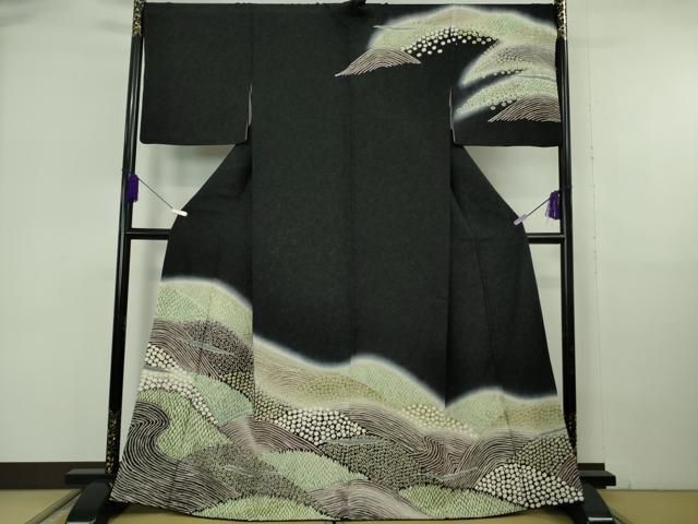 平和屋着物●極上　中国三大刺繍　相良刺繍　訪問着　重ね山花文　暈し染め　黒地　銀通し地　逸品　DZAB6966kh6