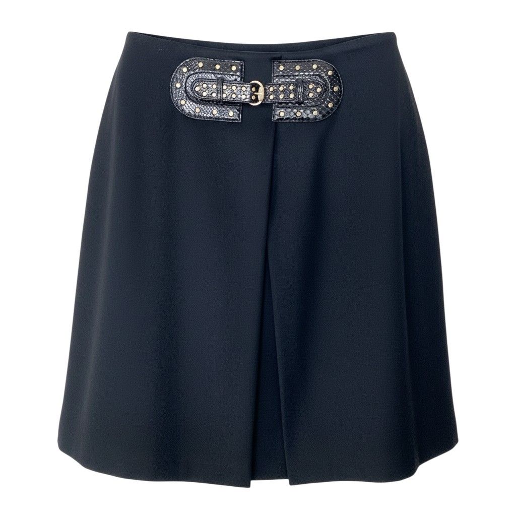 If12 GUCCI グッチ スタッズ装飾 レザーベルト 膝丈スカート ストレッチ 165667 サイズ46 ブラック レディース 女性用t18r