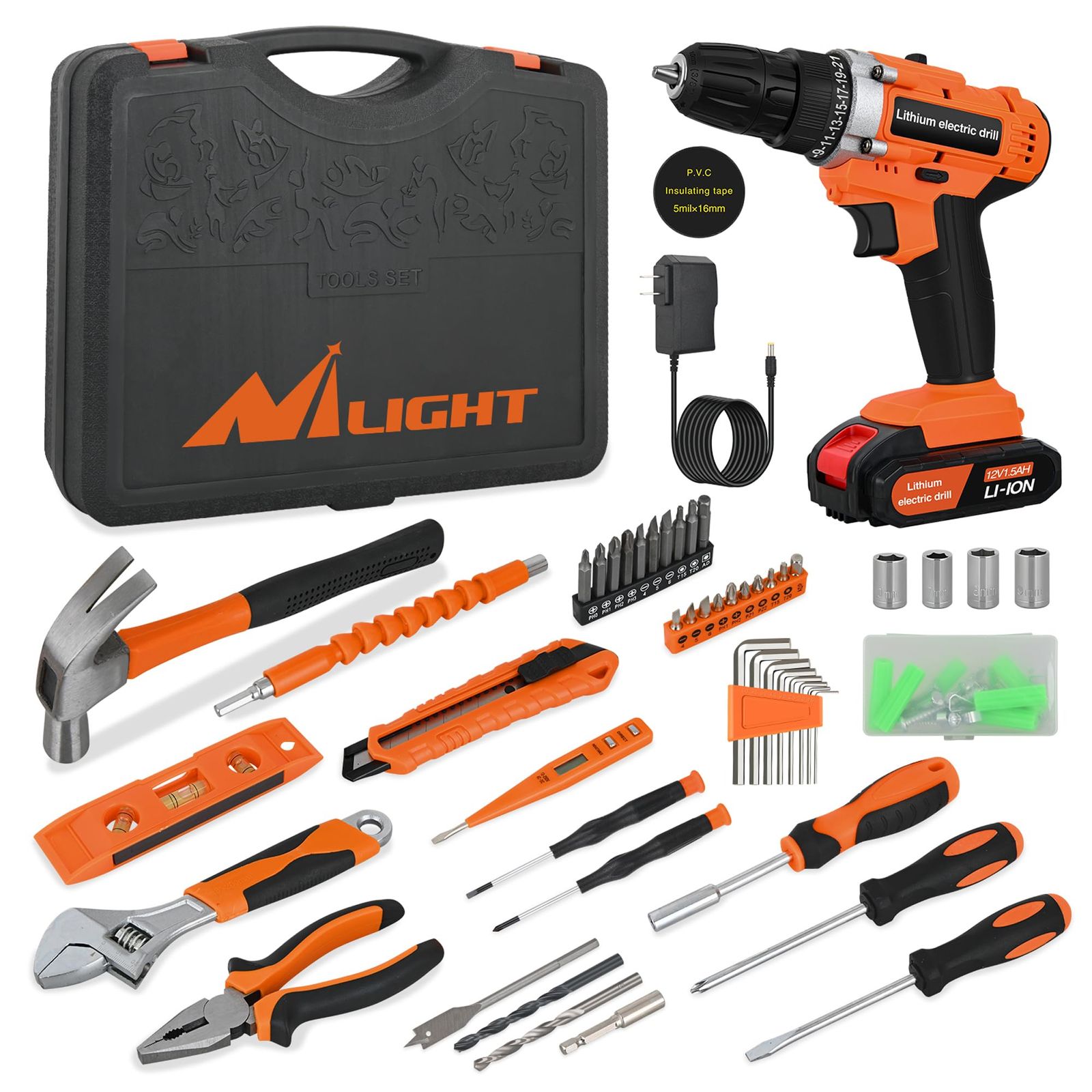 Nilight 12v 電動ドリル付き 85点組 工具セット ホームツールセット日曜大工 DIYセット ドリル 電動工具セット家庭用 バイク 自転車 車整備 家具組み立て DIYセット 便利な収納ケース付き 修理道具セット 正逆転切替 2 段 0e30538e