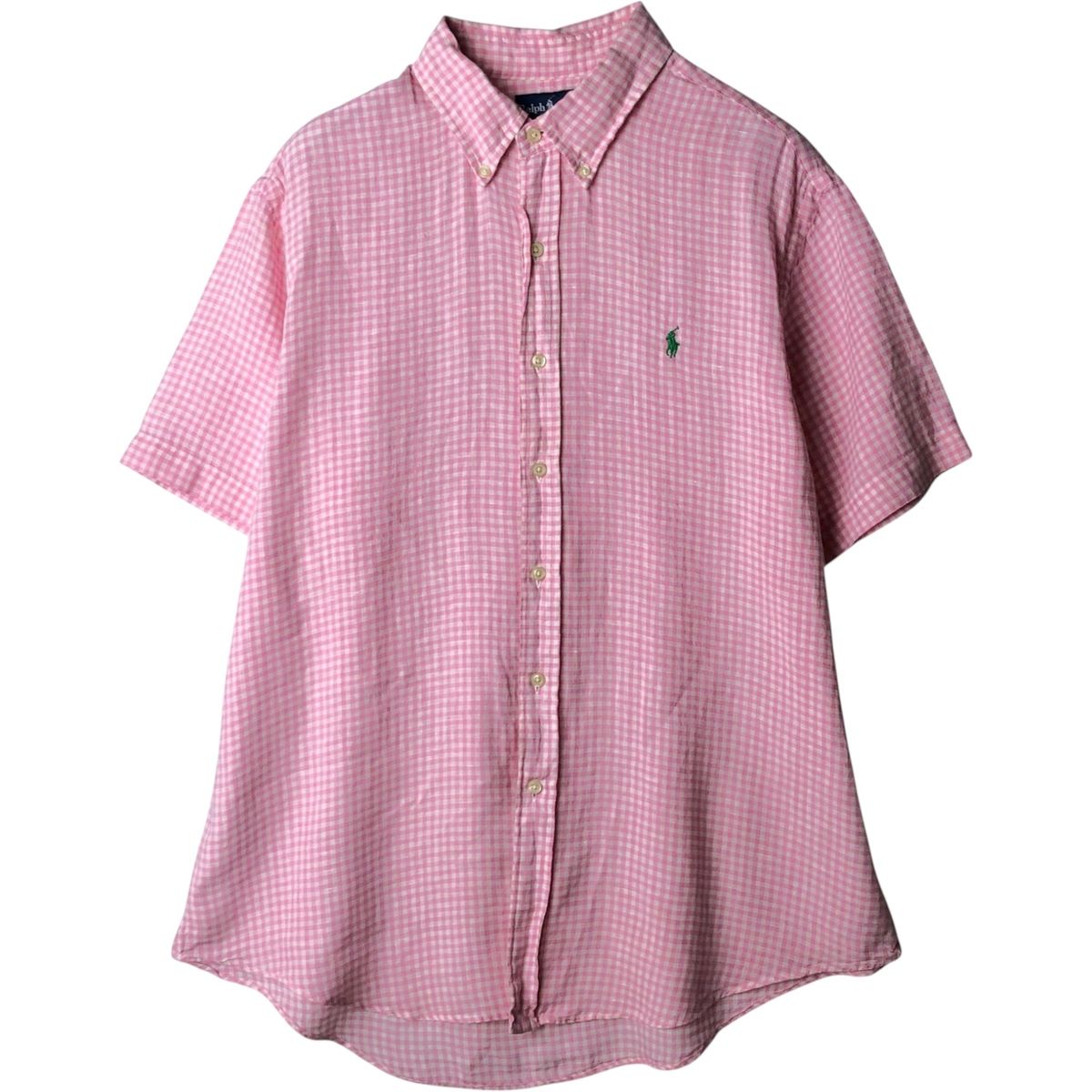 古着 ラルフローレン Ralph Lauren CUSTOM FIT チェック柄 ギンガムチェック 半袖 リネン ボタンダウンシャツ メンズXL相当/eaa648896