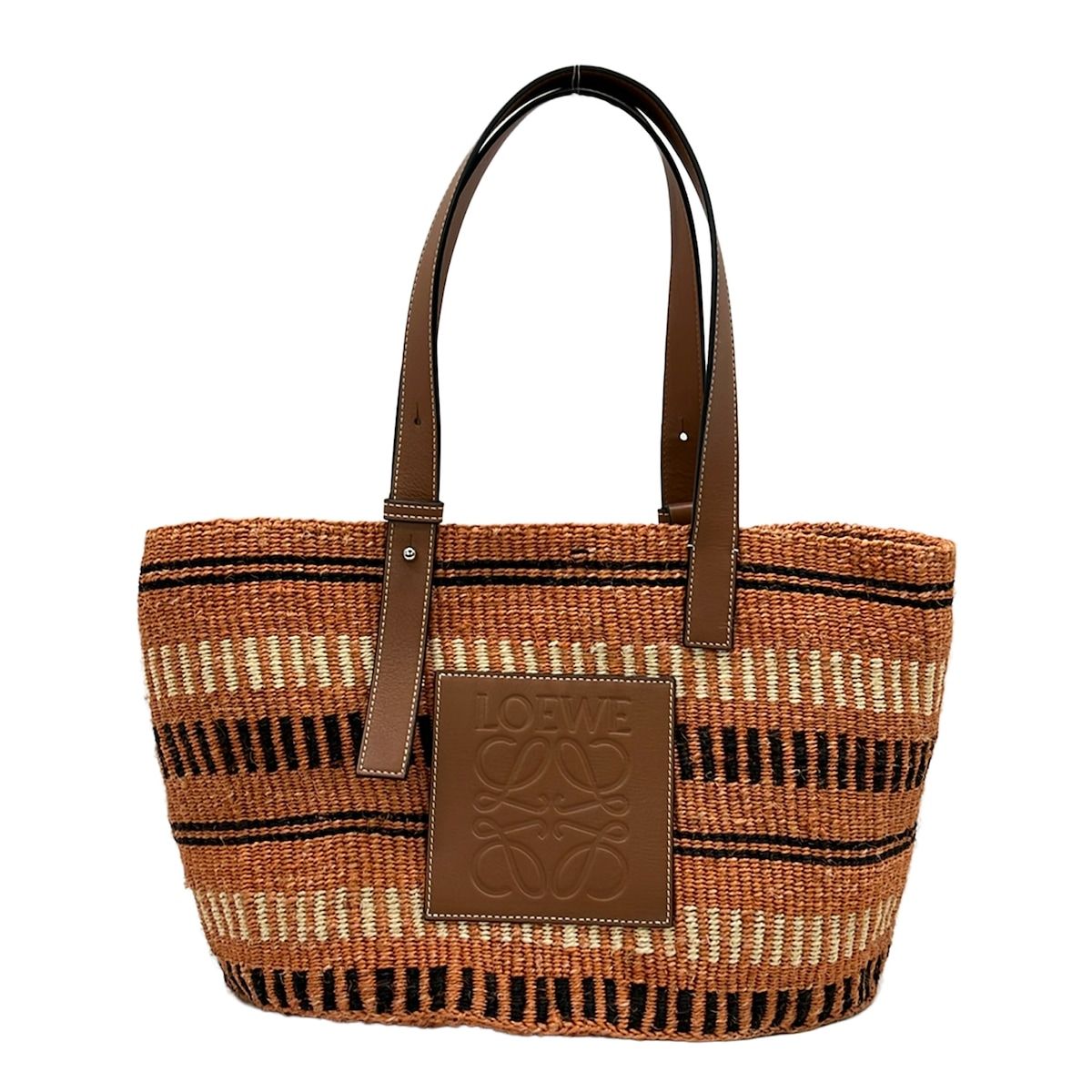 LOEWE(ロエベ) トートバッグ バスケット オレンジ×黒×マルチ ボーダー/かごバッグ レザー