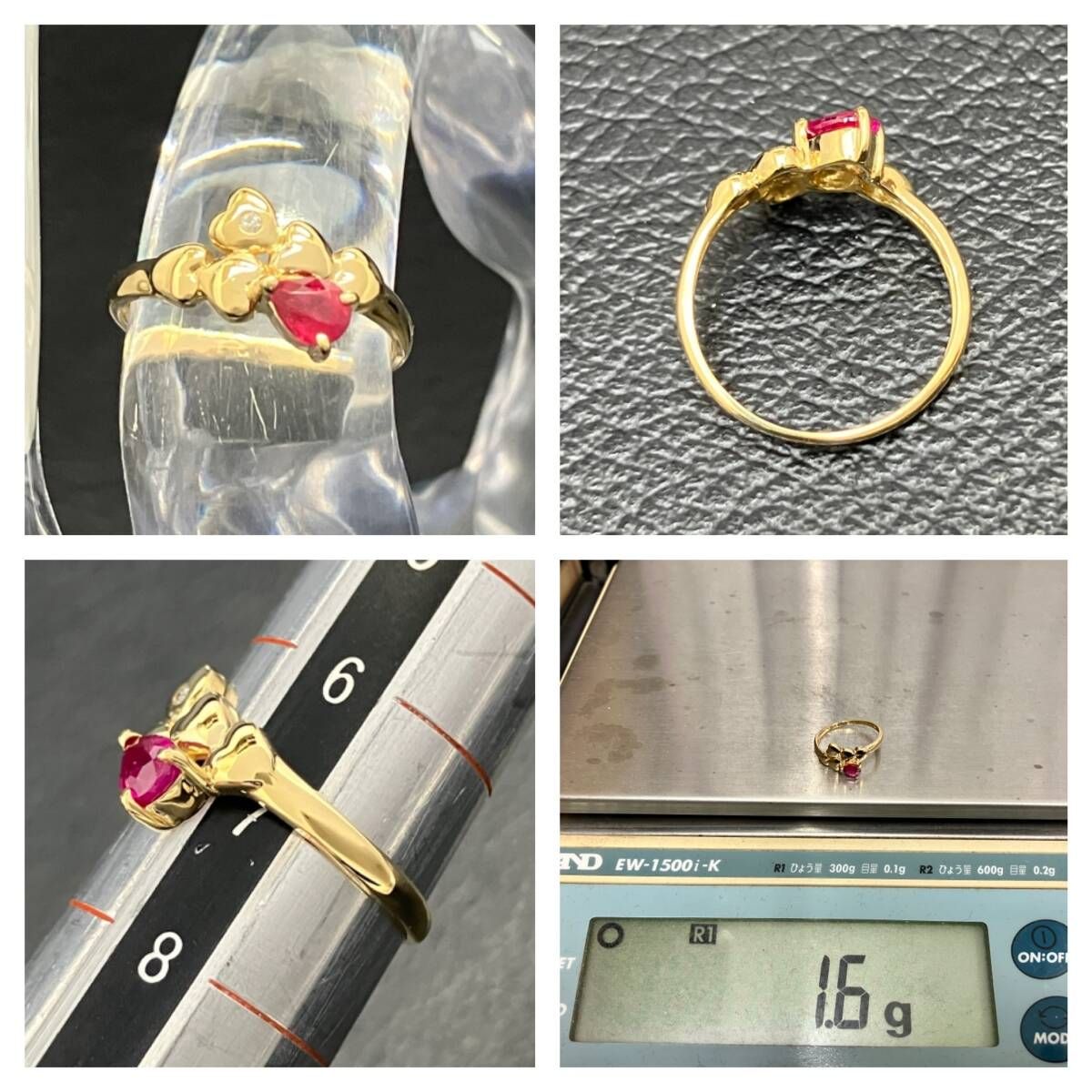 K18 ルビー ダイヤモンド リング 0.88 ct 0.22 ct 鑑別カード付 新品仕上済み 天然ルビー0.26ct 天然ダイヤモンド0.01ct