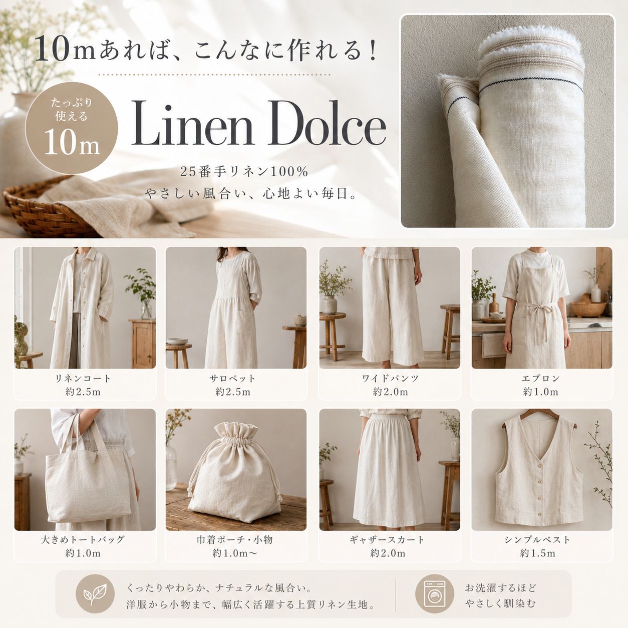 リネン生地 麻生地【10mカット】乳白色 オフホワイト｜25番手 108cm巾 セルビッチリネン100% 麻100% 厚手 水通し不要〈リネンドルチェ〉