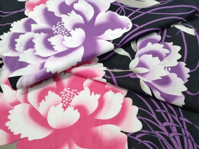 平和屋着物∴夏物　浴衣　枝牡丹文　黒地　綿　逸品　CABH1536ng 14,430円