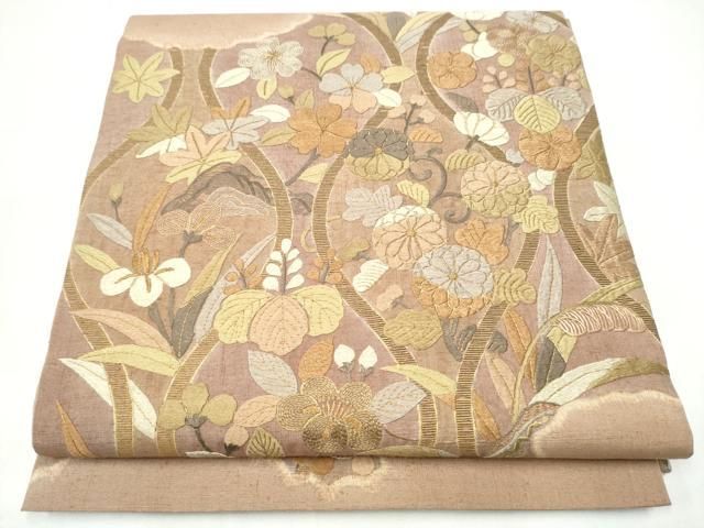 平和屋着物●太鼓柄袋帯　紬地　総刺繍　立涌花文　金糸　やまと誂製　正絹　逸品　CABI8963hy 30,420円