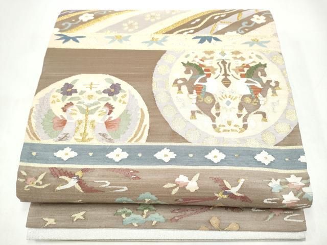 平和屋着物●爪掻き本綴れ　両面　六通柄袋帯　狩猟向かい鳥花文　金銀糸　正絹　逸品　CABI8976hy