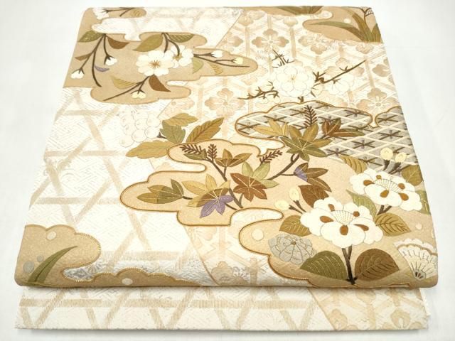 平和屋着物●太鼓柄袋帯　雲取り草花文　金糸　正絹　逸品　CABI8984hy