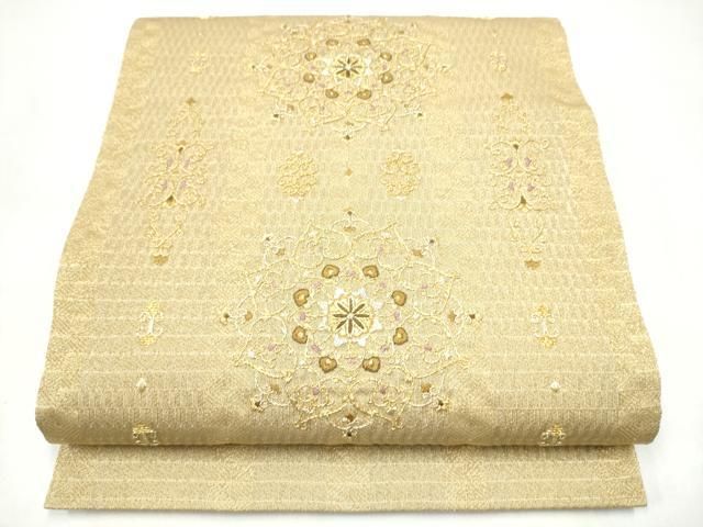 平和屋着物●ひなや工房　くむ・あむ・おる　伊豆蔵明彦　太鼓柄袋帯　総刺繍　正倉院花文　金銀糸　正絹　逸品　CABI8990hy