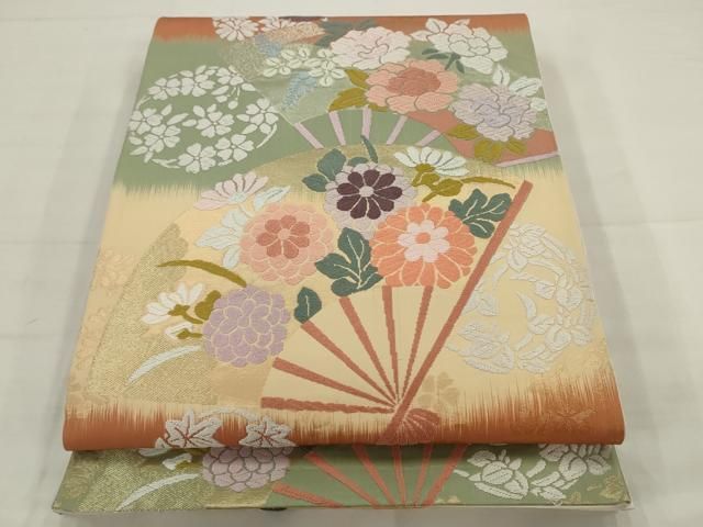 平和屋着物●六通柄袋帯　唐織錦　扇面秀花文　金糸　正絹　逸品　AABJ7023pf