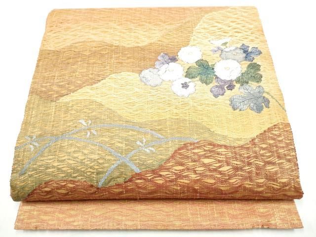 平和屋着物▽太鼓柄袋帯　スリーシーズン　春夏秋　すくい織　枝菊文　金糸　正絹　逸品　CABI9025hy
