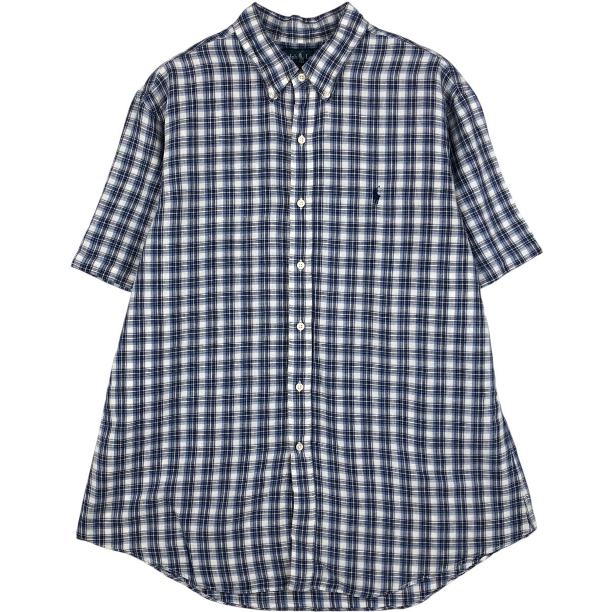 古着 ラルフローレン Ralph Lauren CUSTOM FIT チェック柄 半袖 リネン ボタンダウンシャツ メンズXL相当/eaa623554