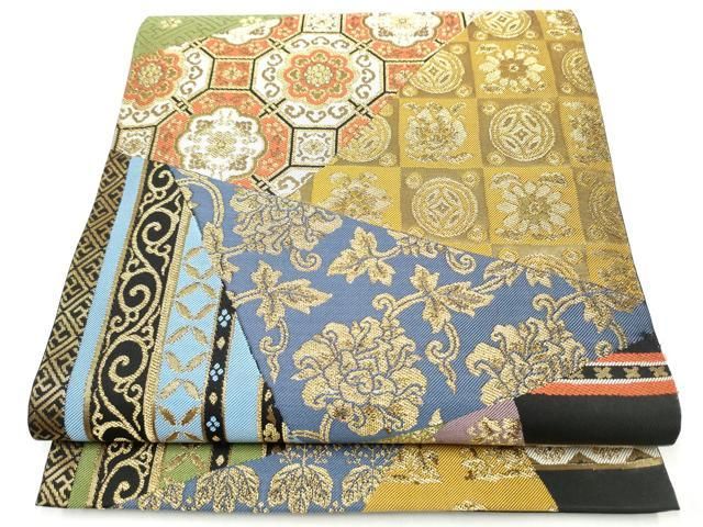 平和屋着物●全通柄　本袋帯　裂取名物裂類集　黒地　金糸　正絹　逸品　CABI9078hy