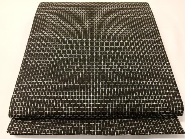 平和屋着物●全通柄袋帯　格子柄　黒地　銀糸　正絹　逸品　CABJ0466vp