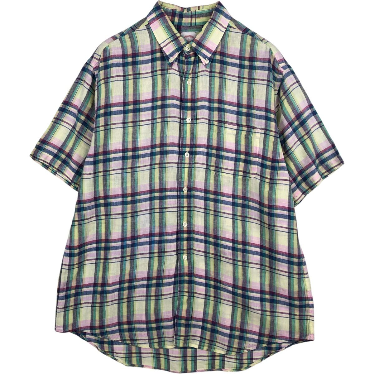 古着 ブルックスブラザーズ Brooks Brothers 346 チェック柄 マドラスチェック 半袖 リネン ボタンダウンシャツ メンズL相当/eaa623547