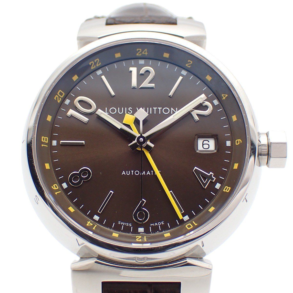 ルイヴィトン タンブール GMT 自動巻き メンズ 腕時計 ブラウン文字盤 純正革ベルト Q1131【いおき質店】