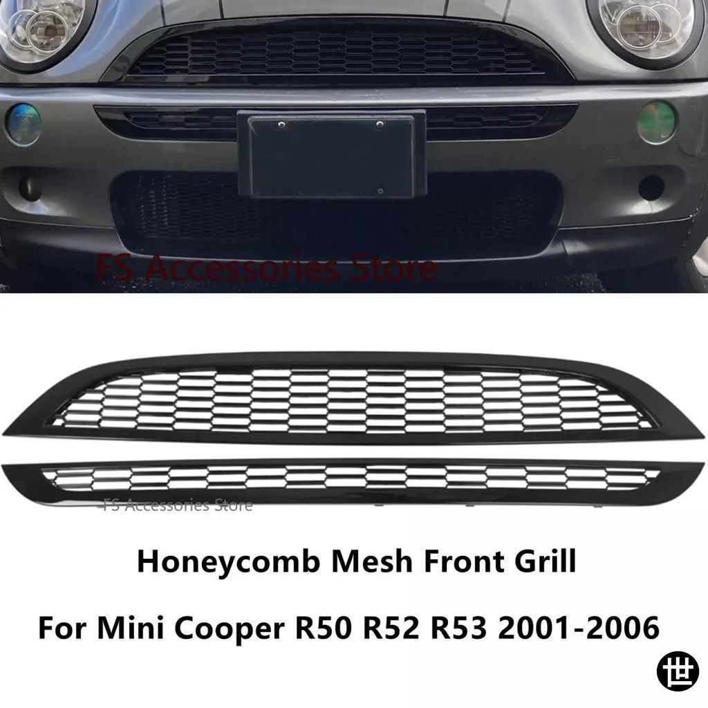 ミニクーパー R50 R52 R53 2001-2006 用 ブラック フロントアッパーロワー ハニカムメッシュ フロントグリル 2個セット 51137026202