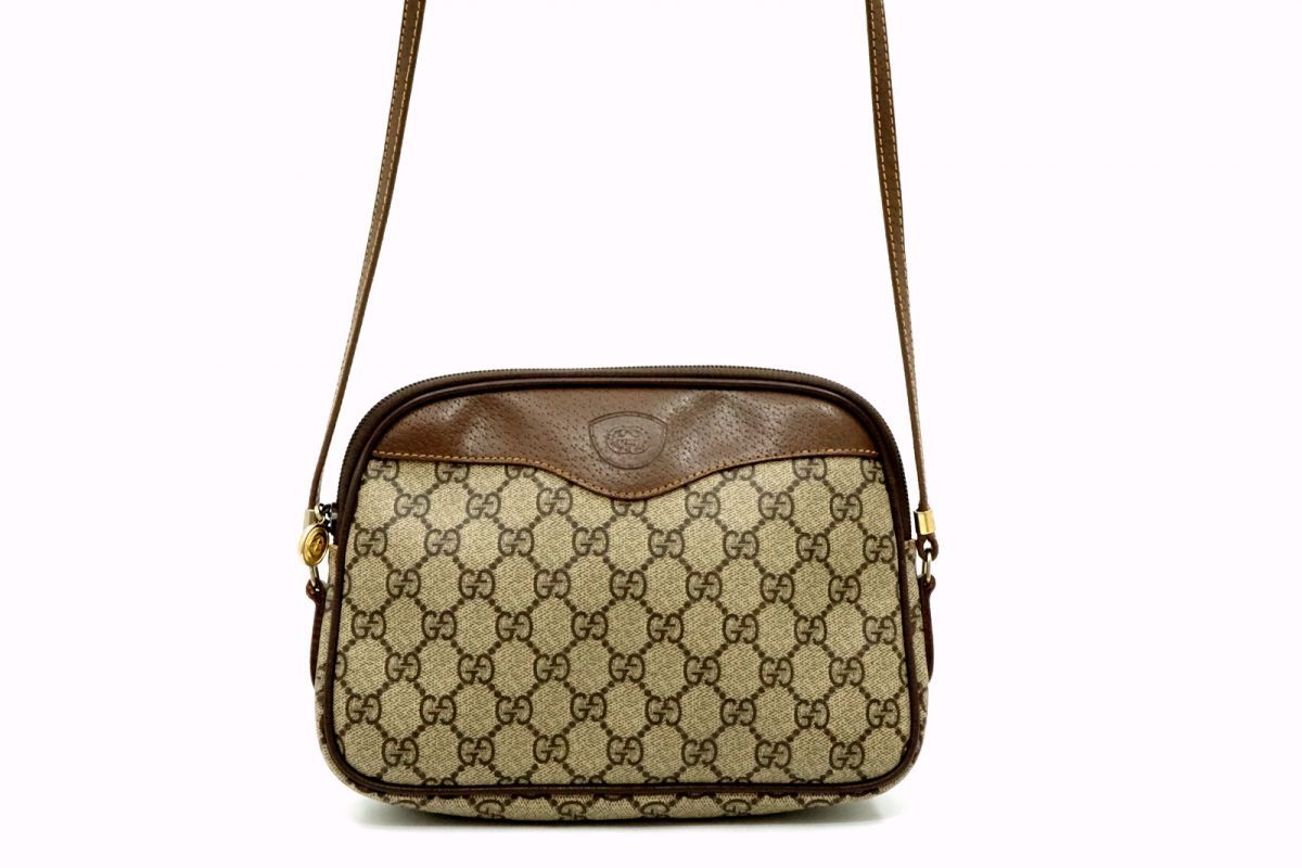 オールド グッチ ヴィンテージ ミニ ショルダーバッグ ポシェット 007 14 6428 GGプラス PVCキャンバス 茶 ブラウン GUCCI 6801h