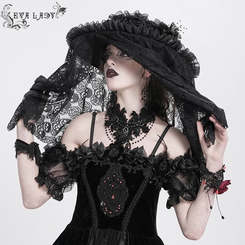 ゴシックハット Black Skull Rose Mesh Widow Hat / 髑髏の花嫁 / ハット【Devil Fashion】