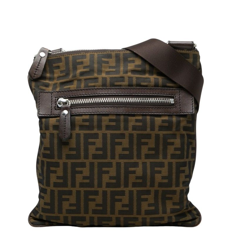 フェンディ ズッカ 斜め掛け ショルダーバッグ 7VA255 カーキ ブラウン ナイロン レザー レディース FENDI【1-0269587】