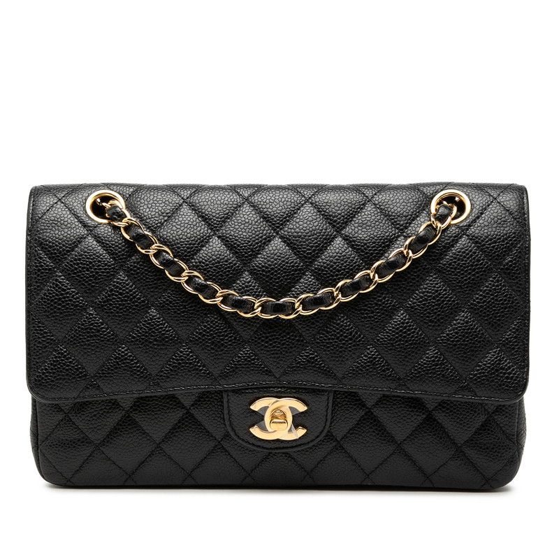 シャネル ココマーク マトラッセ25 ダブルフラップ チェーンショルダーバッグ ブラック キャビアスキン レディース CHANEL【1-0272788】