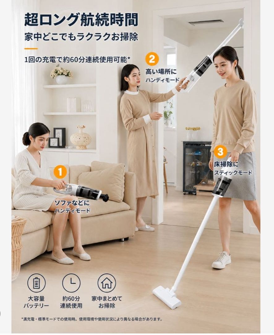 新品未使用 コードレス掃除機 12000Pa 強力吸引 60分連続使用 4種