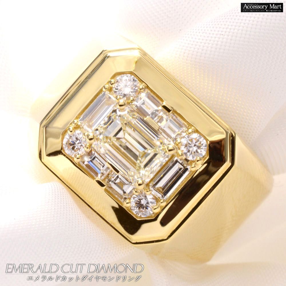 【現品18号のみ★期間限定特価】指輪 メンズリング 18金 K18 18K エメラルドカット バゲットカット ダイヤモンド イエローゴールド 幅広リング ごつい 太め 鑑別書付き 中央宝石研究所 CGL ソーティング【アクセサリーマート/メルカリShops店】
