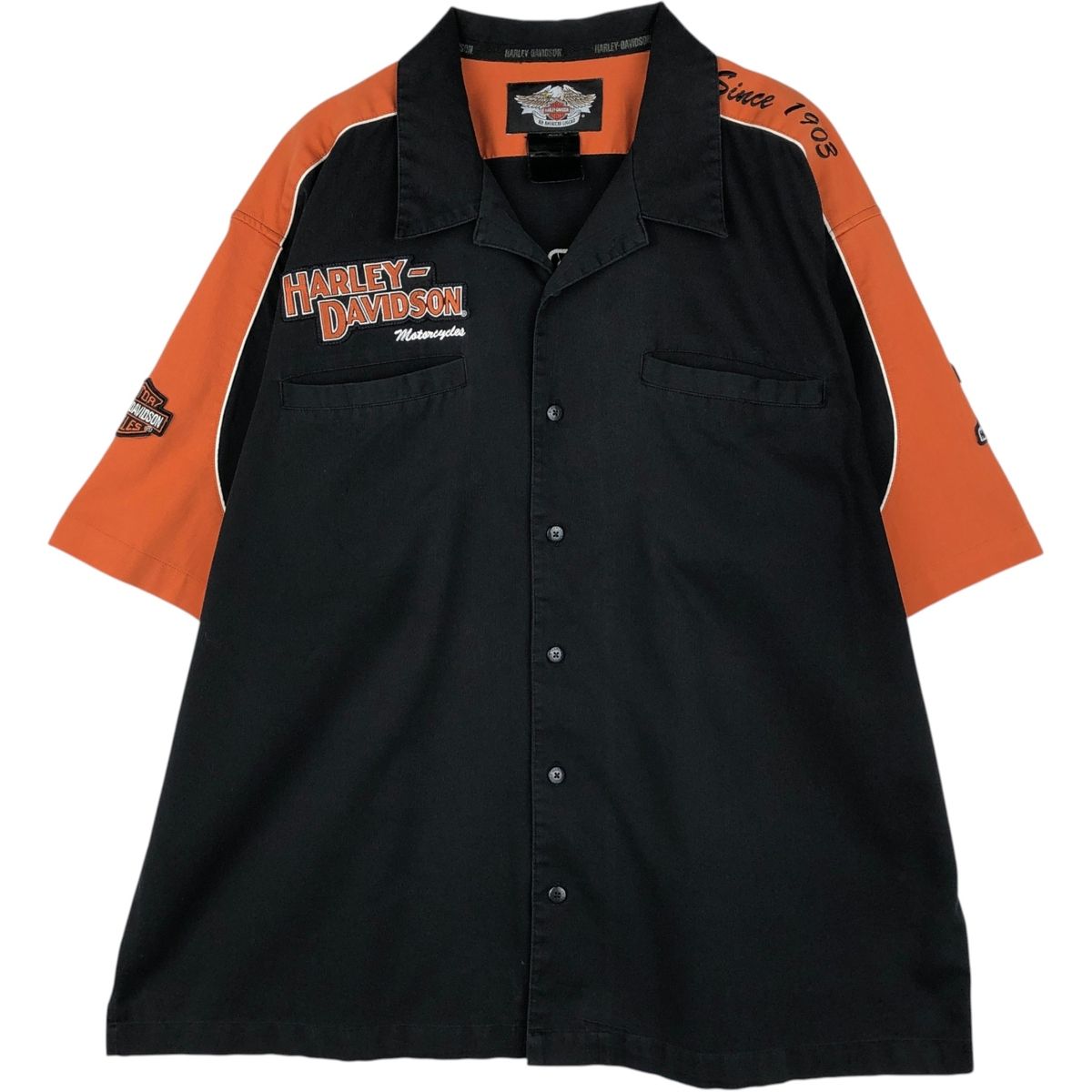 古着 ハーレーダビッドソン Harley-Davidson 星条旗柄 バックロゴ オープンカラー 半袖 ワークシャツ ボックスシャツ/eaa647754