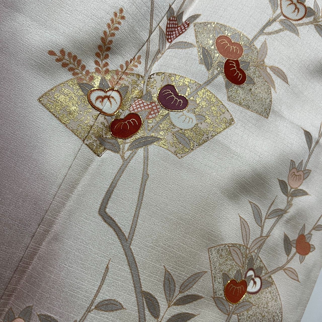 K212 美品 訪問着 金駒刺繡 金彩加工 扇面 草花 正絹 和装 和服 着物 